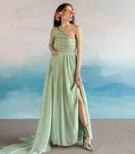 Printed Embroidered One Shoulder Anarkali With Dupatta