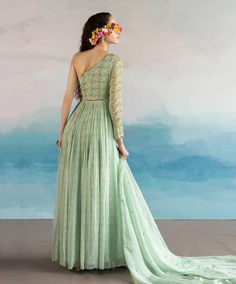 Printed Embroidered One Shoulder Anarkali With Dupatta 4