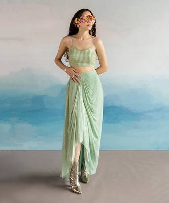 Printed Embroidered One Shoulder Anarkali With Dupatta 5