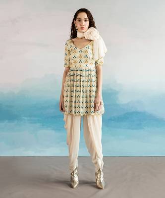 Printed 3 Petal Embroidered Yoke Peplum Kurti With Dhoti And Organza Dupatta 1