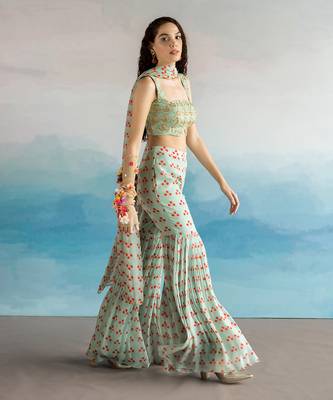 Printed Embroidered Blouse With Gharara And Embroidered Dupatta 3