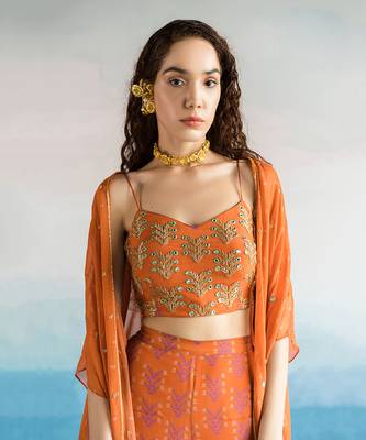 Printed 3 Petal Embroidered Blouse With Palazzo Pants And Chitta Mirrorwork Embroidered Jacket 4