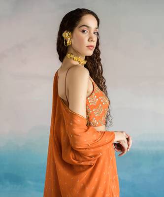 Printed 3 Petal Embroidered Blouse With Palazzo Pants And Chitta Mirrorwork Embroidered Jacket 5