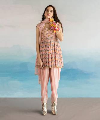 Printed Lotus Kali Embroidered Peplum With Dhoti And Dupatta 1