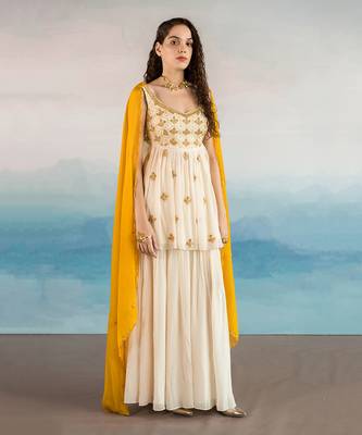 Off White Butti Embroidered Peplum With Sharara And Mustard Dupatta 1