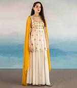 Off White Butti Embroidered Peplum With Sharara And Mustard Dupatta