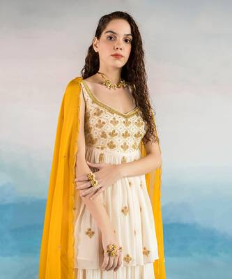 Off White Butti Embroidered Peplum With Sharara And Mustard Dupatta 2
