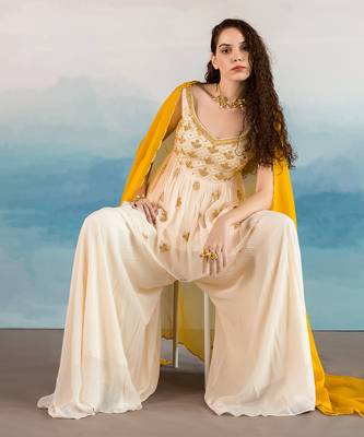 Off White Butti Embroidered Peplum With Sharara And Mustard Dupatta 3