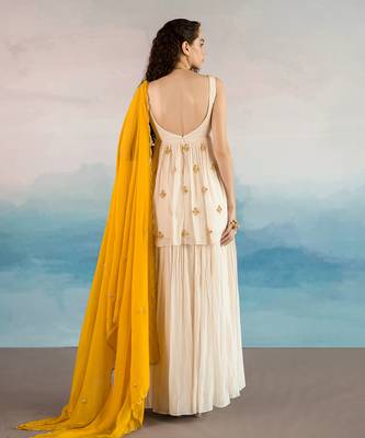 Off White Butti Embroidered Peplum With Sharara And Mustard Dupatta 4