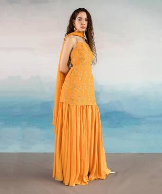 Printed Halter Neck Embroidered Kurta With Sharara And Dupatta 1