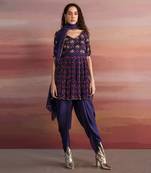 Printed 3 Petal Embroidered Yoke Peplum Kurti With Dhoti And Organza Dupatta