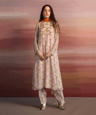 Printed Lotus Embroidered Yoke Long Kurta With Salwar And Rust Dupatta 1