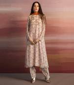 Printed Lotus Embroidered Yoke Long Kurta With Salwar And Rust Dupatta