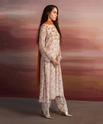 Printed Lotus Embroidered Yoke Long Kurta With Salwar And Rust Dupatta 2