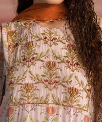 Printed Lotus Embroidered Yoke Long Kurta With Salwar And Rust Dupatta 3