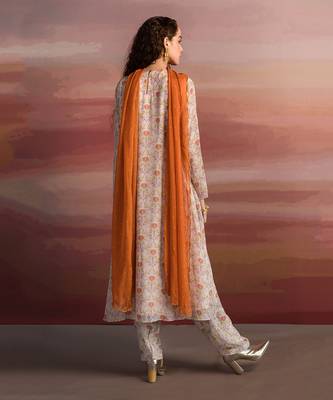Printed Lotus Embroidered Yoke Long Kurta With Salwar And Rust Dupatta 4
