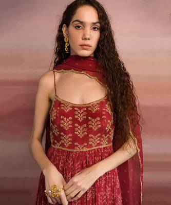 Printed Yoke Embroidered Backless Anarkali With Organza Dupatta 3