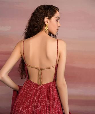 Printed Yoke Embroidered Backless Anarkali With Organza Dupatta 5