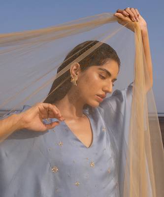 Powder Blue Flower Embroidered Cowl Kurta In Cutdana , Nakshi And Tikki With Loose Pants 6
