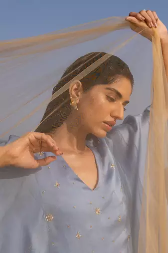 Powder Blue Flower Embroidered Cowl Kurta In Cutdana , Nakshi And Tikki With Loose Pants