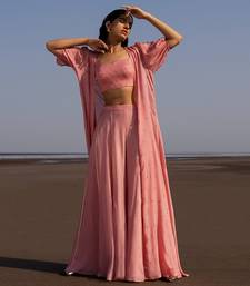 MAUVE CHITTA EMBROIDERED BLOUSE WITH FLARED LINE EMBROIDERED PANTS AND A LONG JACKET