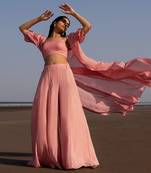 MAUVE CHITTA EMBROIDERED BLOUSE WITH FLARED LINE EMBROIDERED PANTS AND A LONG JACKET