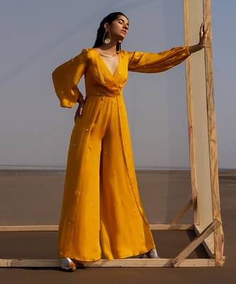 MANGO YELLOW OVERLAP BUTTI BALLOON SLEEVES JUMPSUIT 1