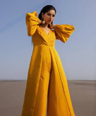 MANGO YELLOW OVERLAP BUTTI BALLOON SLEEVES JUMPSUIT 2