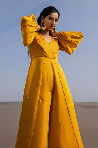 MANGO YELLOW OVERLAP BUTTI BALLOON SLEEVES JUMPSUIT
