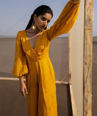 MANGO YELLOW OVERLAP BUTTI BALLOON SLEEVES JUMPSUIT 3