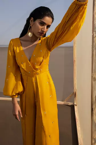 MANGO YELLOW OVERLAP BUTTI BALLOON SLEEVES JUMPSUIT