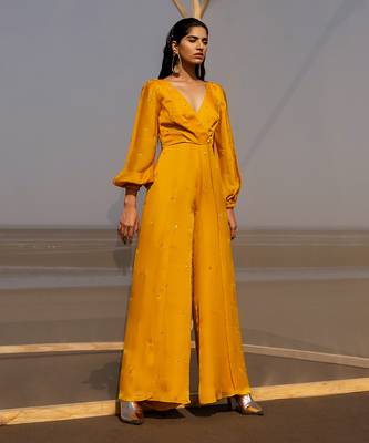 MANGO YELLOW OVERLAP BUTTI BALLOON SLEEVES JUMPSUIT 4