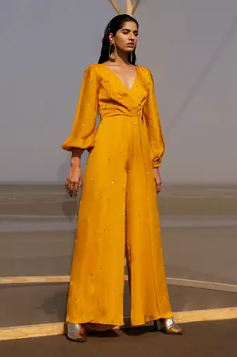 MANGO YELLOW OVERLAP BUTTI BALLOON SLEEVES JUMPSUIT