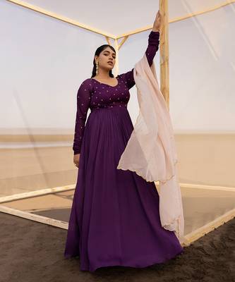 Dark Purple Kali Ghera Chuddi Sleeve Anarkali With Ivory Dupatta 1