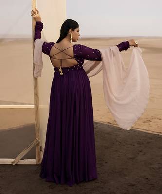 Dark Purple Kali Ghera Chuddi Sleeve Anarkali With Ivory Dupatta 2
