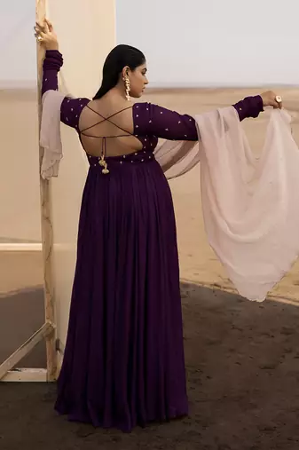 Dark Purple Kali Ghera Chuddi Sleeve Anarkali With Ivory Dupatta