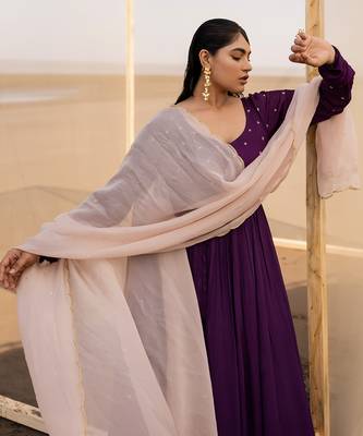 Dark Purple Kali Ghera Chuddi Sleeve Anarkali With Ivory Dupatta 3