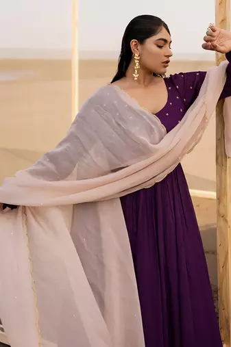 Dark Purple Kali Ghera Chuddi Sleeve Anarkali With Ivory Dupatta