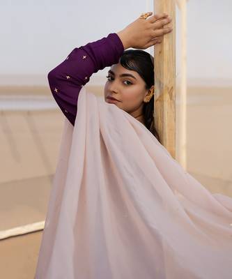 Dark Purple Kali Ghera Chuddi Sleeve Anarkali With Ivory Dupatta 4