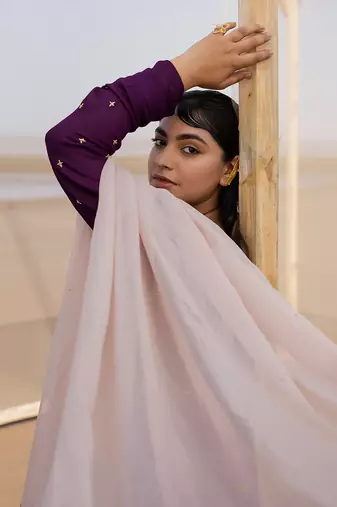 Dark Purple Kali Ghera Chuddi Sleeve Anarkali With Ivory Dupatta