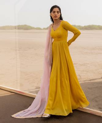 Mango Yellow Chitta Chuddi Sleeve Back String Kali Anarkali With Baby Pink Border Line Dupatta 2