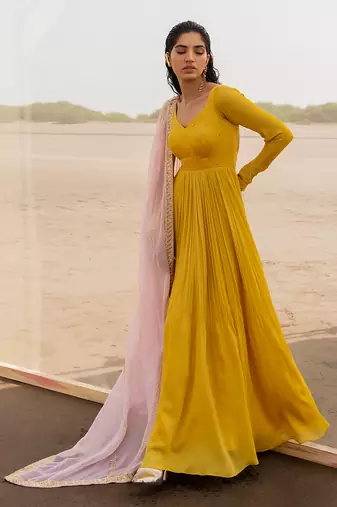 Mango Yellow Chitta Chuddi Sleeve Back String Kali Anarkali With Baby Pink Border Line Dupatta