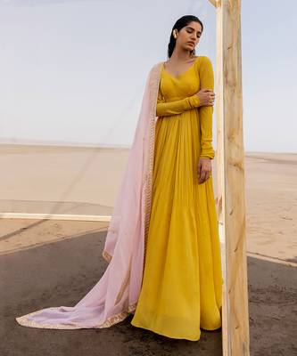 Mango Yellow Chitta Chuddi Sleeve Back String Kali Anarkali With Baby Pink Border Line Dupatta 1