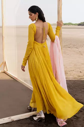 Mango Yellow Chitta Chuddi Sleeve Back String Kali Anarkali With Baby Pink Border Line Dupatta