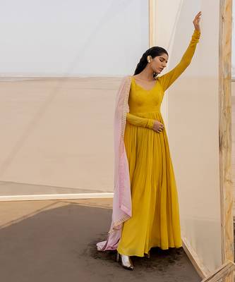 Mango Yellow Chitta Chuddi Sleeve Back String Kali Anarkali With Baby Pink Border Line Dupatta 4