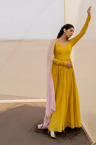Mango Yellow Chitta Chuddi Sleeve Back String Kali Anarkali With Baby Pink Border Line Dupatta