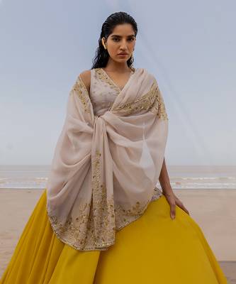 Ivory V Neck Jaal Organza Kurti With Ivory Bralette And Mustard Kalidar Palazzo With Corner Embroidered Butti Dupatta 2