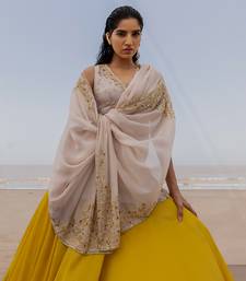 Ivory V Neck Jaal Organza Kurti With Ivory Bralette And Mustard Kalidar Palazzo With Corner Embroidered Butti Dupatta