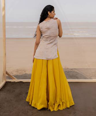 Ivory V Neck Jaal Organza Kurti With Ivory Bralette And Mustard Kalidar Palazzo With Corner Embroidered Butti Dupatta 3