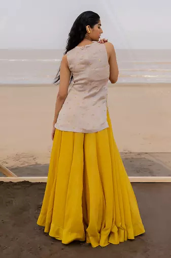Ivory V Neck Jaal Organza Kurti With Ivory Bralette And Mustard Kalidar Palazzo With Corner Embroidered Butti Dupatta